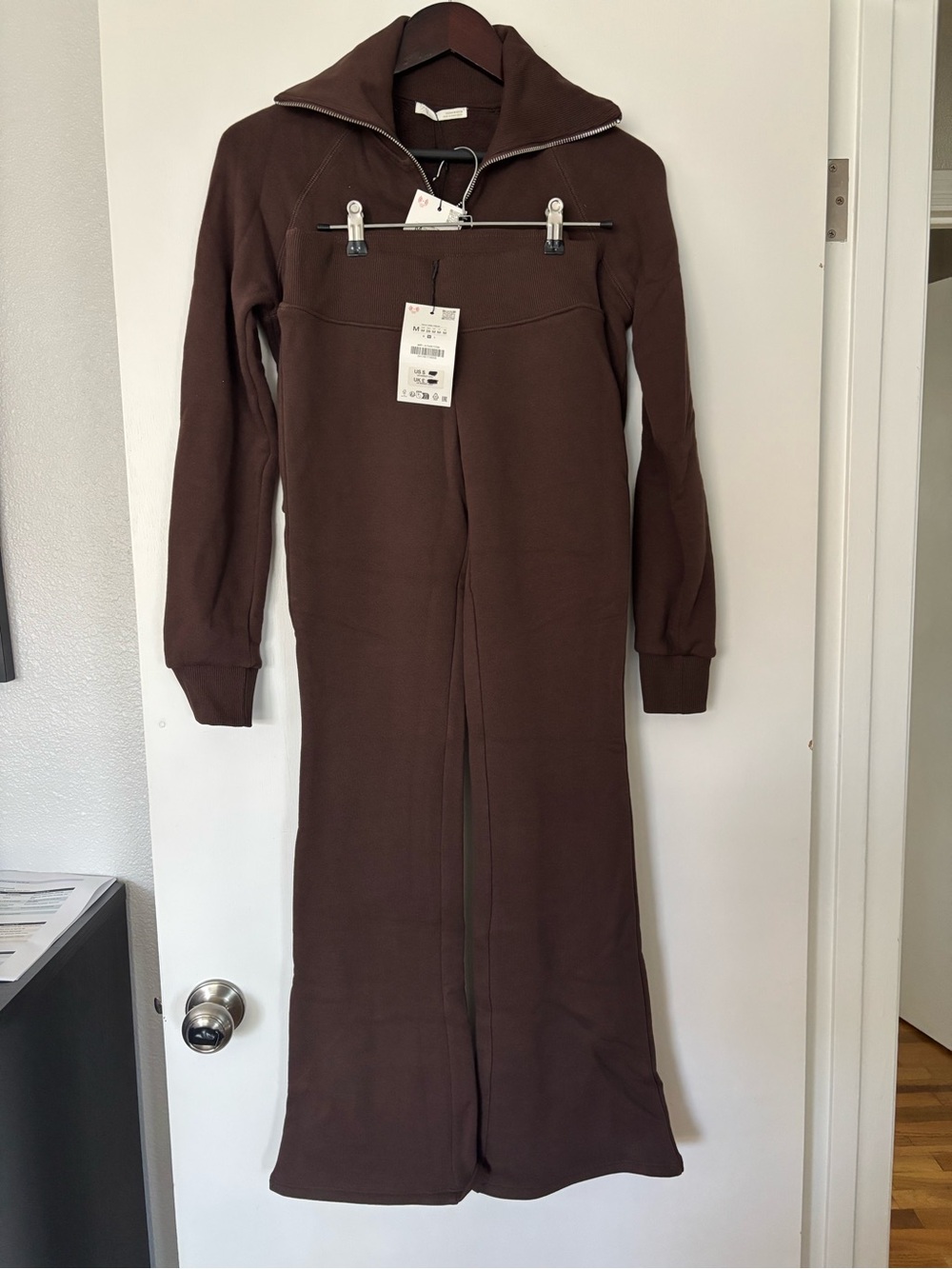 Zara Brown Zip-Up Funnel Neck Sweatshirt and Flare Sweatpants Set